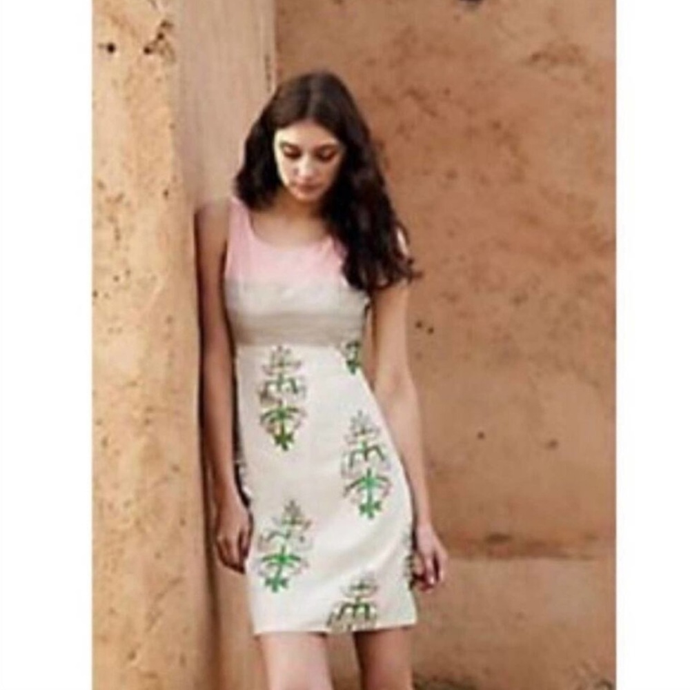Anthropologie Moulinette Soeurs Pink Cream Dress floral Green sleeveless white